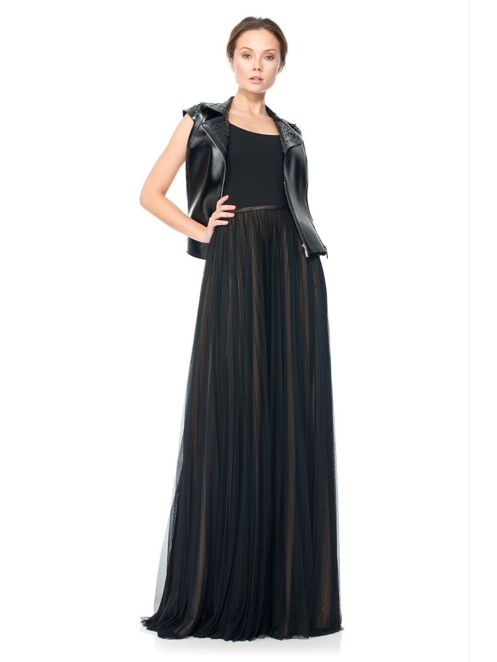 Tadashi Shoji Crystal Pleated Tulle Evening Skirt - Black Nude - Size 10 - NWT